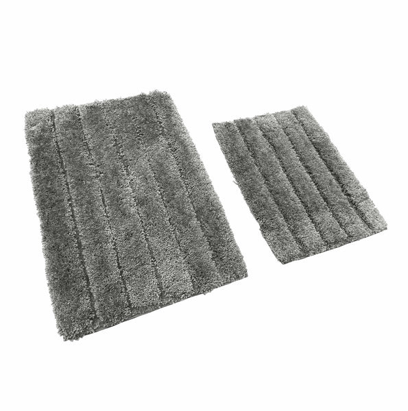 2 Piece Set Soft Plush Thick Charcoal Grey Solid Striped Bathroom Mat