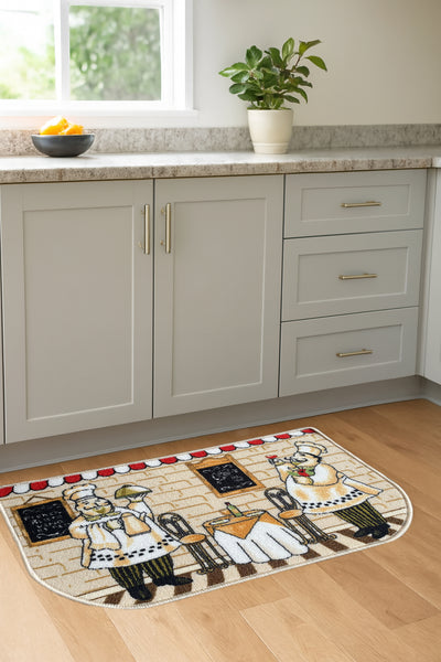 Beige Chef Washable Kitchen Mat With Non-Slip Backing - 30"x18"