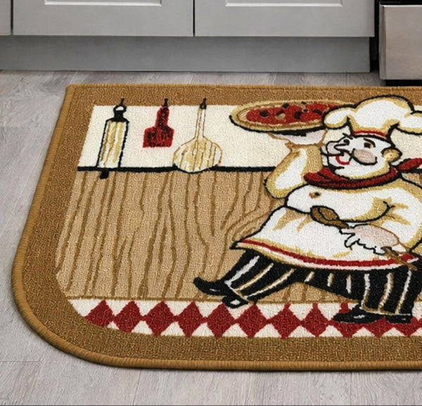 Beige Chef Washable Kitchen Mat With Non-Slip Backing - 30"x18"