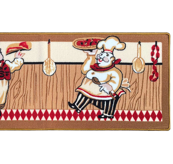 Beige Chef Washable Kitchen Runner Mat With Non-Slip Backing - 20"x55"