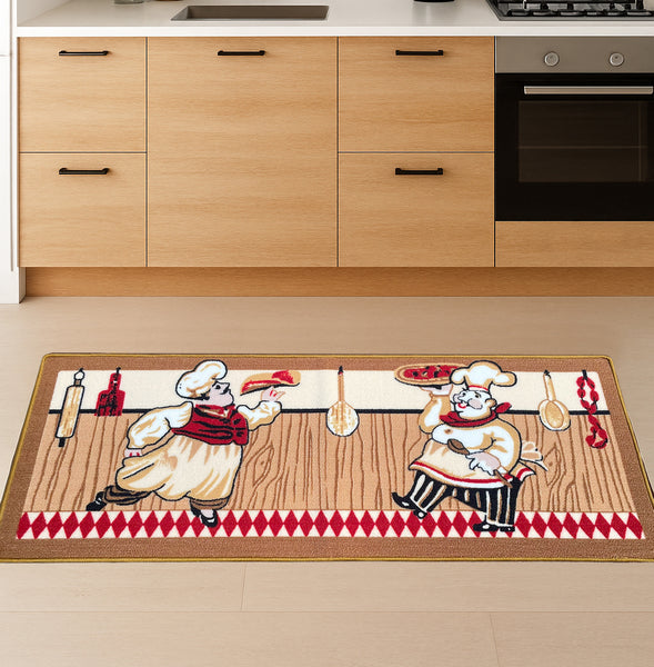 Beige Chef Washable Kitchen Runner Mat With Non-Slip Backing - 20"x55"