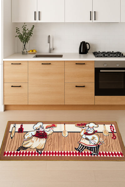 Beige Chef Washable Kitchen Runner Mat With Non-Slip Backing - 20"x55"