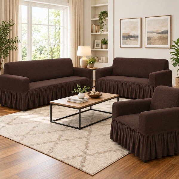 Chocolate Brown 3-Piece Set 4-Way Stretch Ruffled Skirt Slipcover Sofa Loveseat & Armchair Cover Protector