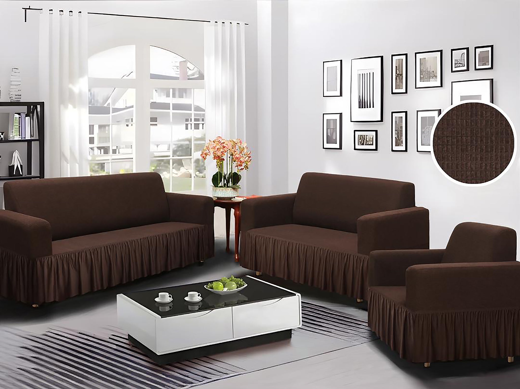 Chocolate Brown 3-Piece Set 4-Way Stretch Ruffled Skirt Slipcover Sofa Loveseat & Armchair Cover Protector