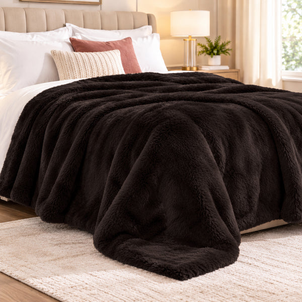 King Size Chocolate Brown Ultra Soft Plush Fluffy Luxury Cozy Warm Fuzzy Faux Rabbit Fur Bed Blanket