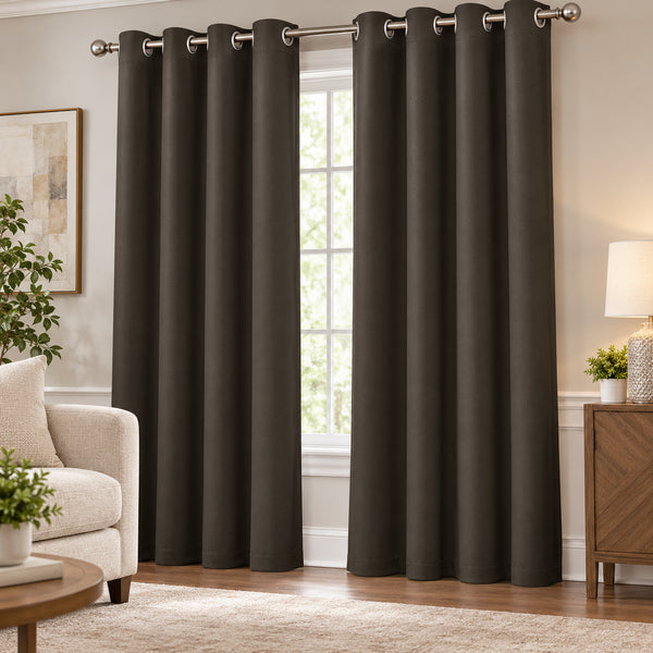 2 Piece Solid Chocolate Brown Blackout Grommet Curtain Panel Set - 84" Long