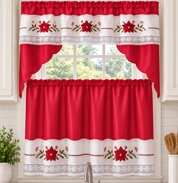 3-Piece Christmas Kitchen Curtain Set, Red Poinsettia Floral Embroidered Window Valance and Tier Curtains with White Lace Trim, Holiday Kitchen Window Décor
