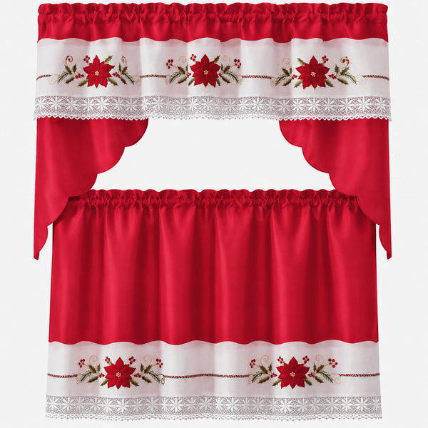 3-Piece Christmas Kitchen Curtain Set, Red Poinsettia Floral Embroidered Window Valance and Tier Curtains with White Lace Trim, Holiday Kitchen Window Décor