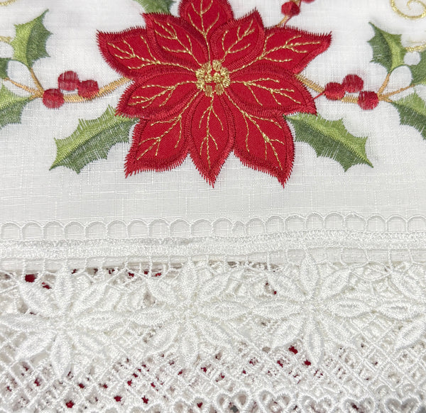 3-Piece Christmas Kitchen Curtain Set, Red Poinsettia Floral Embroidered Window Valance and Tier Curtains with White Lace Trim, Holiday Kitchen Window Décor