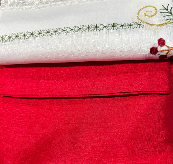 3-Piece Christmas Kitchen Curtain Set, Red Poinsettia Floral Embroidered Window Valance and Tier Curtains with White Lace Trim, Holiday Kitchen Window Décor