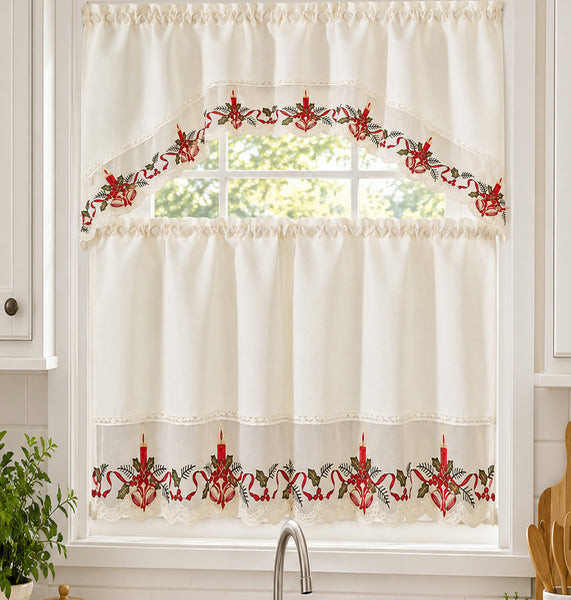 3-Piece Christmas Kitchen Curtain Set – Ivory Holiday Candle Embroidered Swag Valance & Tier Curtains with Holly Berry Design and Decorative Lace Trim