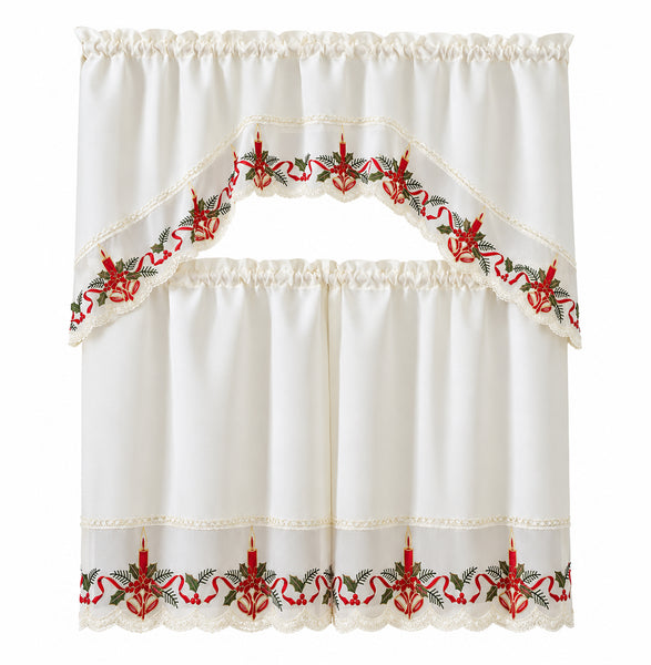 3-Piece Christmas Kitchen Curtain Set – Ivory Holiday Candle Embroidered Swag Valance & Tier Curtains with Holly Berry Design and Decorative Lace Trim
