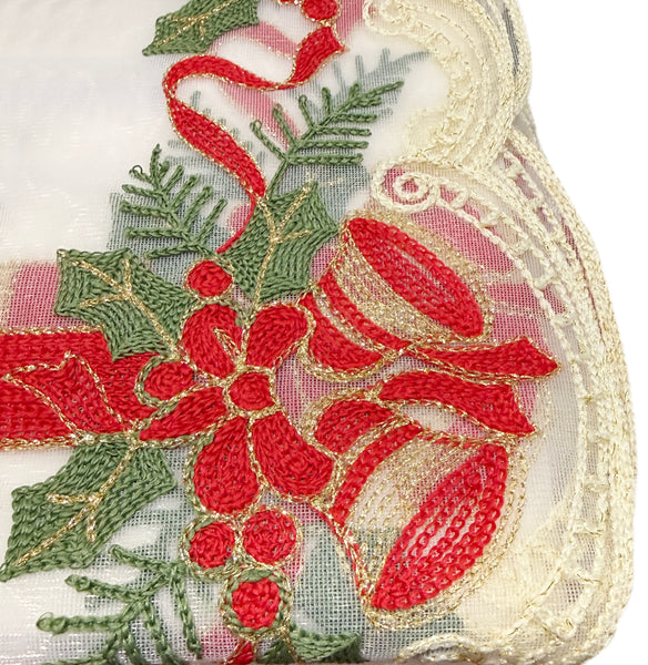 3-Piece Christmas Kitchen Curtain Set – Ivory Holiday Candle Embroidered Swag Valance & Tier Curtains with Holly Berry Design and Decorative Lace Trim