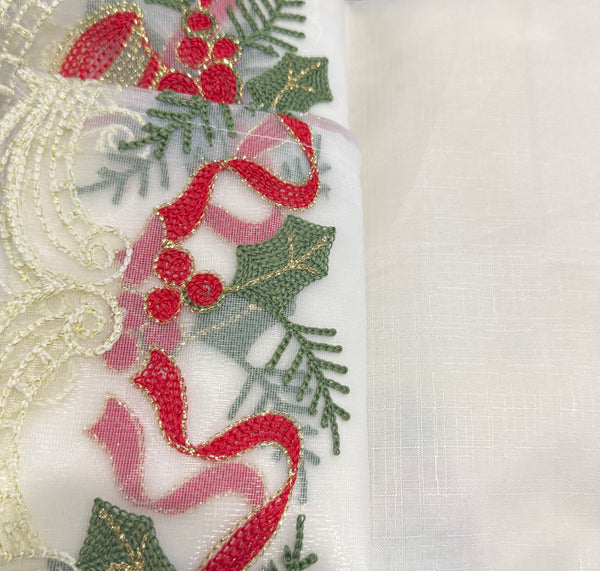 3-Piece Christmas Kitchen Curtain Set – Ivory Holiday Candle Embroidered Swag Valance & Tier Curtains with Holly Berry Design and Decorative Lace Trim