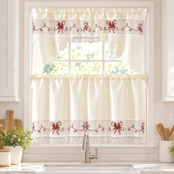 Christmas Kitchen Curtain 3 Piece Set – Candy Cane & Holly Embroidered Window Valance and Tier Curtains with Decorative Lace Trim, Ivory