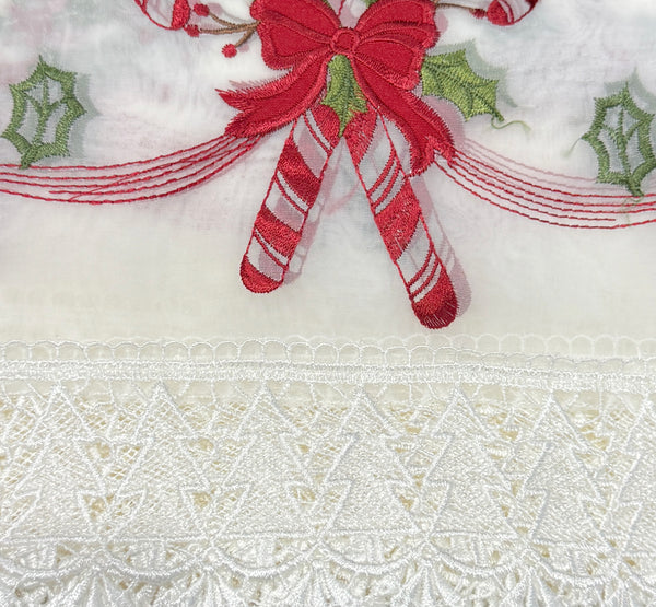 Christmas Kitchen Curtain 3 Piece Set – Candy Cane & Holly Embroidered Window Valance and Tier Curtains with Decorative Lace Trim, Ivory