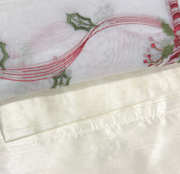 Christmas Kitchen Curtain 3 Piece Set – Candy Cane & Holly Embroidered Window Valance and Tier Curtains with Decorative Lace Trim, Ivory