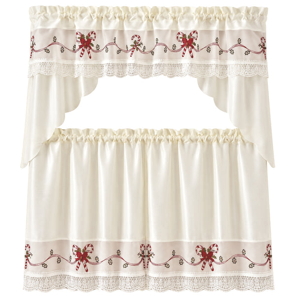 Christmas Kitchen Curtain 3 Piece Set – Candy Cane & Holly Embroidered Window Valance and Tier Curtains with Decorative Lace Trim, Ivory