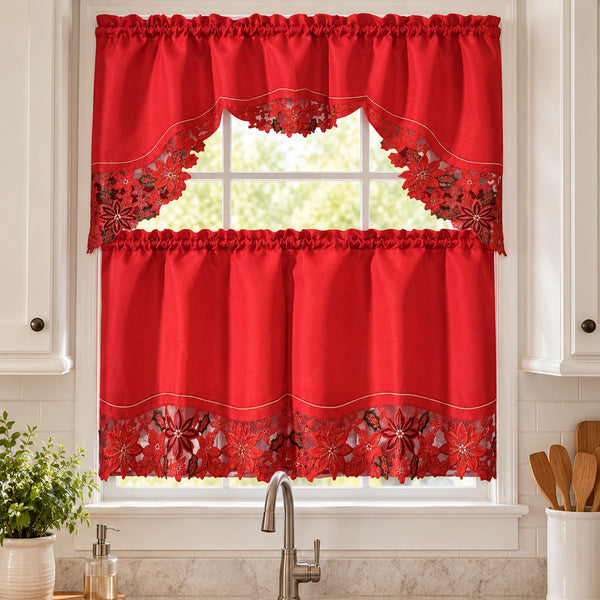 3-Piece Christmas Kitchen Curtain Set – Red Poinsettia Floral Embroidered Lace Valance and Tier Curtains, Holiday Window Décor