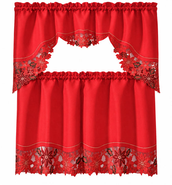 3-Piece Christmas Kitchen Curtain Set – Red Poinsettia Floral Embroidered Lace Valance and Tier Curtains, Holiday Window Décor