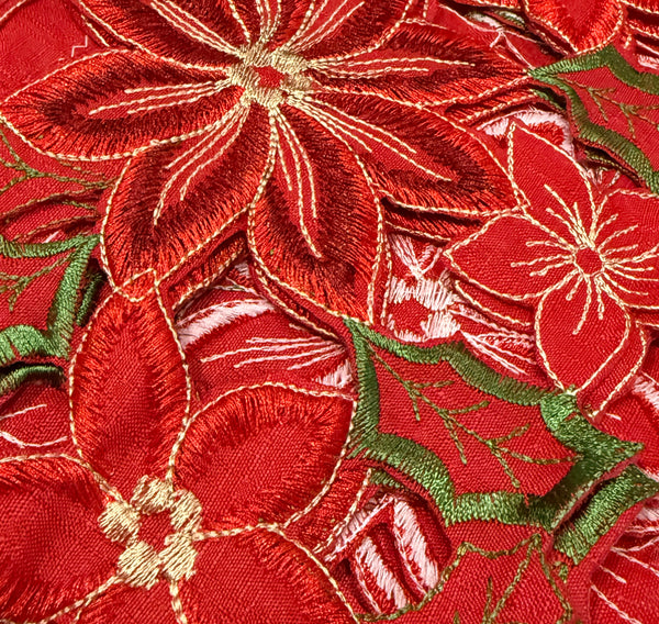 3-Piece Christmas Kitchen Curtain Set – Red Poinsettia Floral Embroidered Lace Valance and Tier Curtains, Holiday Window Décor