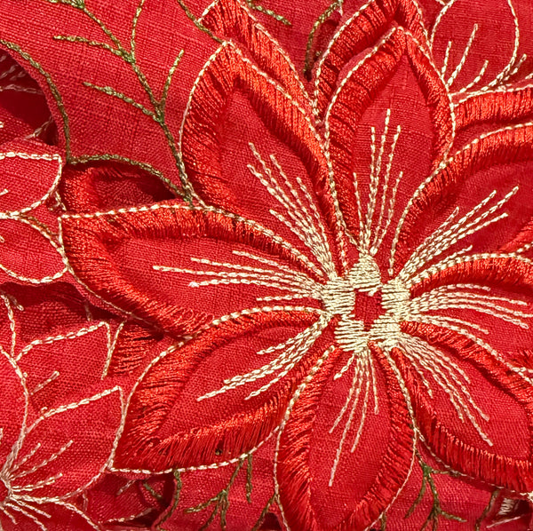 3-Piece Christmas Kitchen Curtain Set – Red Poinsettia Floral Embroidered Lace Valance and Tier Curtains, Holiday Window Décor
