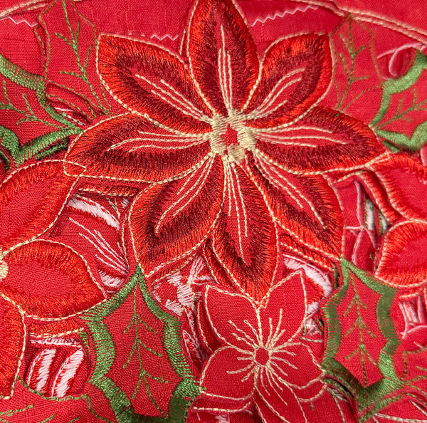 3-Piece Christmas Kitchen Curtain Set – Red Poinsettia Floral Embroidered Lace Valance and Tier Curtains, Holiday Window Décor