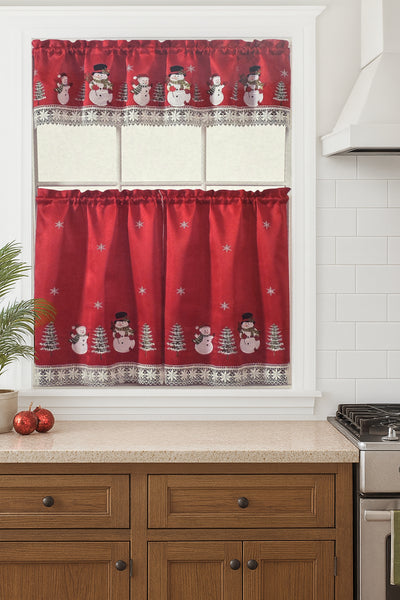 Red White Christmas Snow Man Embroidery Kitchen Curtain 3PC Set Swag & Tiers Set