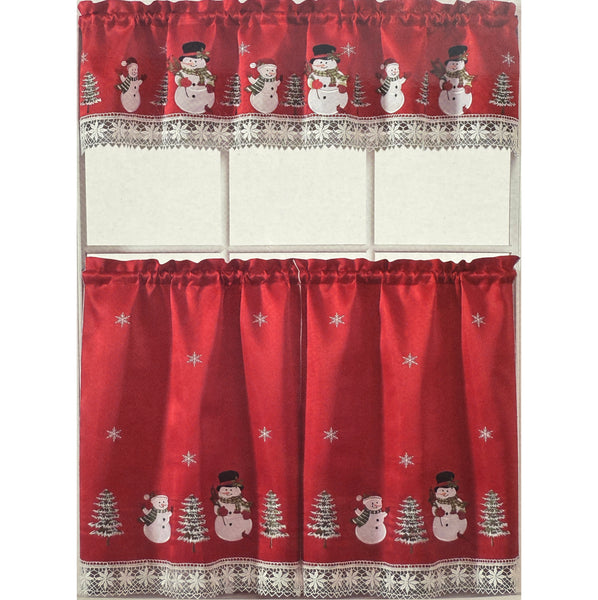 Red White Christmas Snow Man Embroidery Kitchen Curtain 3PC Set Swag & Tiers Set