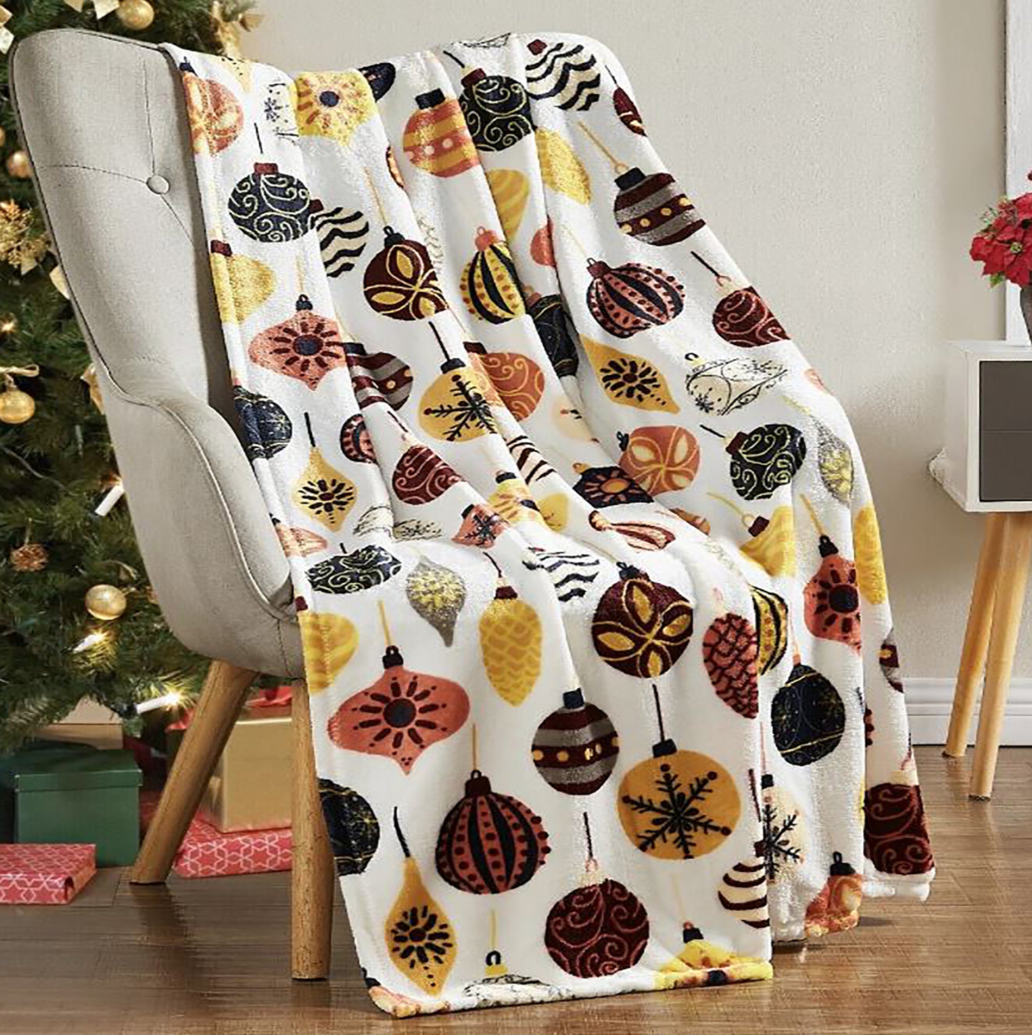 White Orange Christmas Holiday Plush Soft Throw Blanket