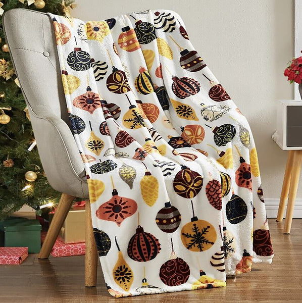 White Orange Christmas Holiday Plush Soft Throw Blanket