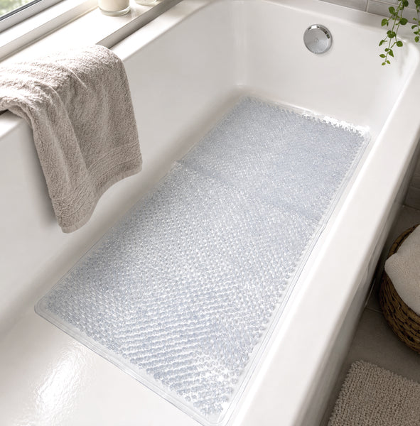 Clear Transparent Non-Slip Shower Tub Mat PVC Bathtub Safety Mat with Suction Cups & Soft Massage Loofah Surface - 35"x16"