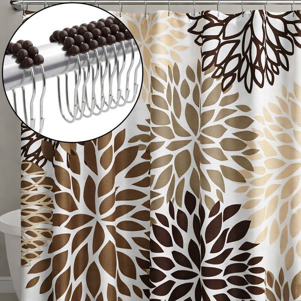 72" x 72" - Brown Floral Fabric Textured Glam luxury Shower Curtain With 12 Metal Roller Ball Hooks