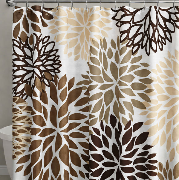 72" x 72" - Brown Floral Fabric Textured Glam luxury Shower Curtain With 12 Metal Roller Ball Hooks