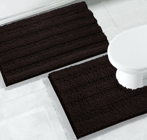 2 Piece Brown Soft Cozy Plush Chenille Bath Mat & Contour Bath Rug