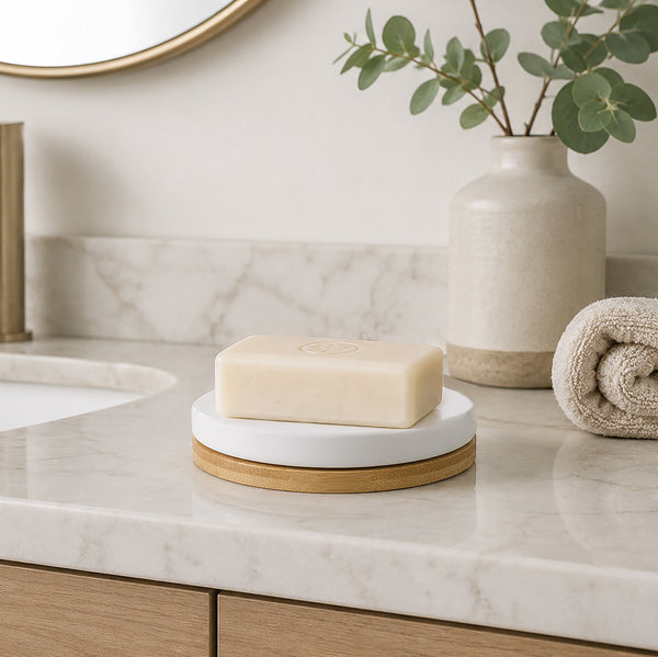 White Beige Bamboo & Ceramic Soap Bar Dish Holder - 2 Pack