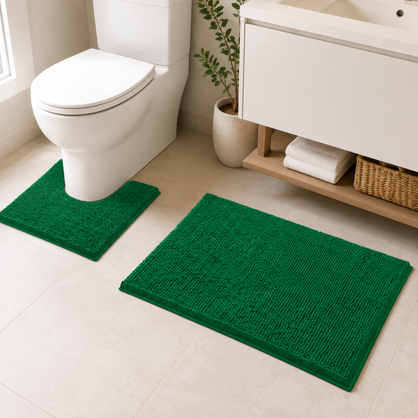 2pc Chenille Bath Mat Set, 20"x30" Rectangular Rug and 20"x20" Contour Toilet Mat, Hunter Green