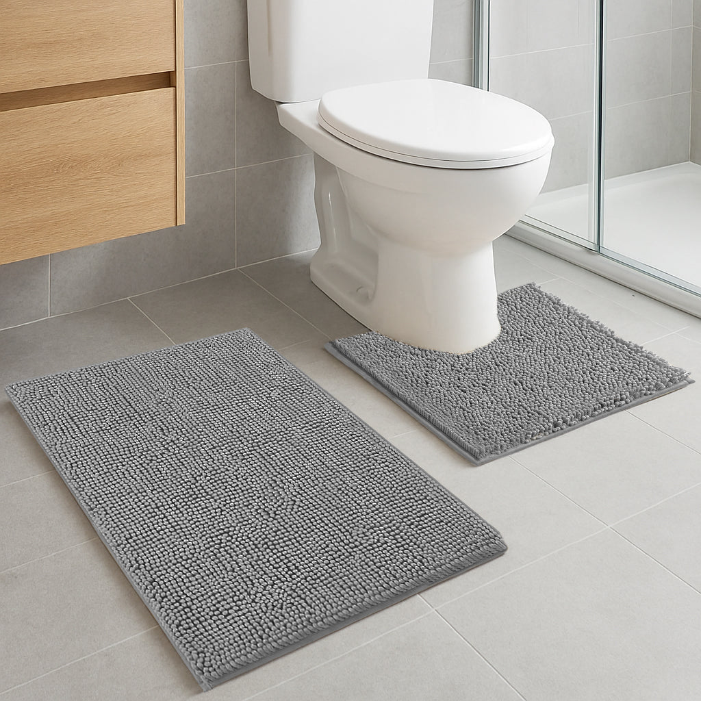 2 Piece Set Dark Grey Soft Cozy Plush Chenille Bath Mat Bathroom Rug