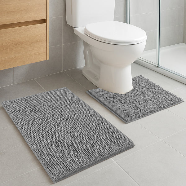 2 Piece Set Dark Grey Soft Cozy Plush Chenille Bath Mat Bathroom Rug