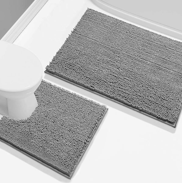2 Piece Set Dark Grey Soft Cozy Plush Chenille Bath Mat Bathroom Rug