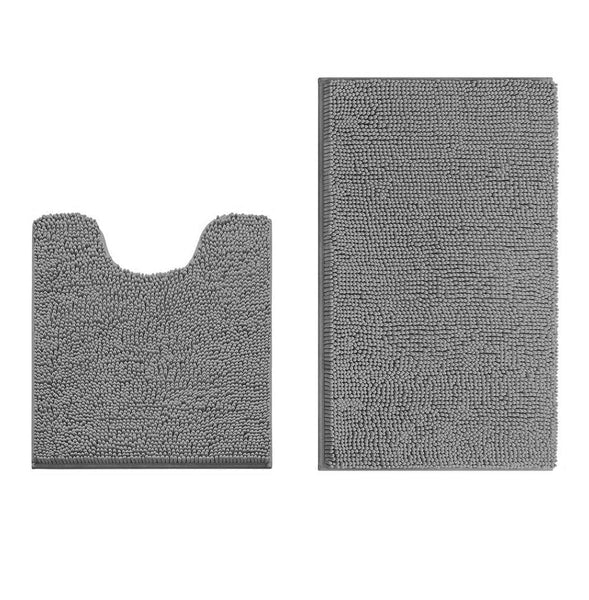 2 Piece Set Dark Grey Soft Cozy Plush Chenille Bath Mat Bathroom Rug