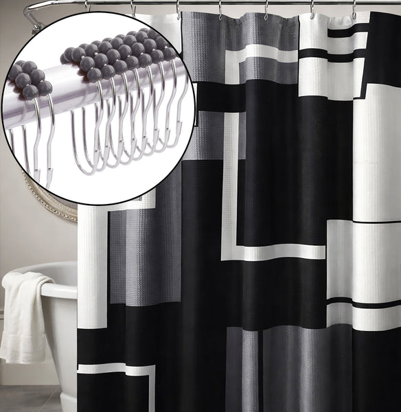 72" x 72" - Black White Geometric Fabric Textured Glam luxury Shower Curtain With 12 Metal Roller Ball Hooks