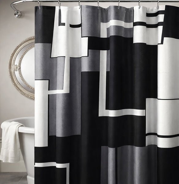 72" x 72" - Black White Geometric Fabric Textured Glam luxury Shower Curtain With 12 Metal Roller Ball Hooks