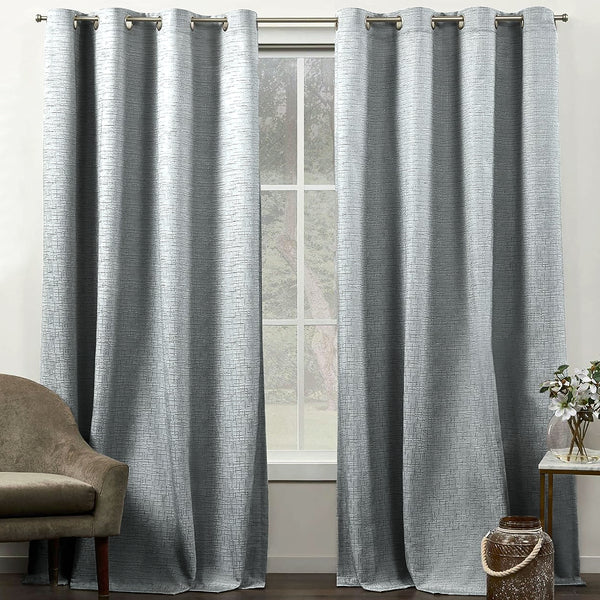 108" Long - 2 Piece Dark Grey Solid Silky Geometric Embossed Blackout Grommet Window Curtain Panel Set