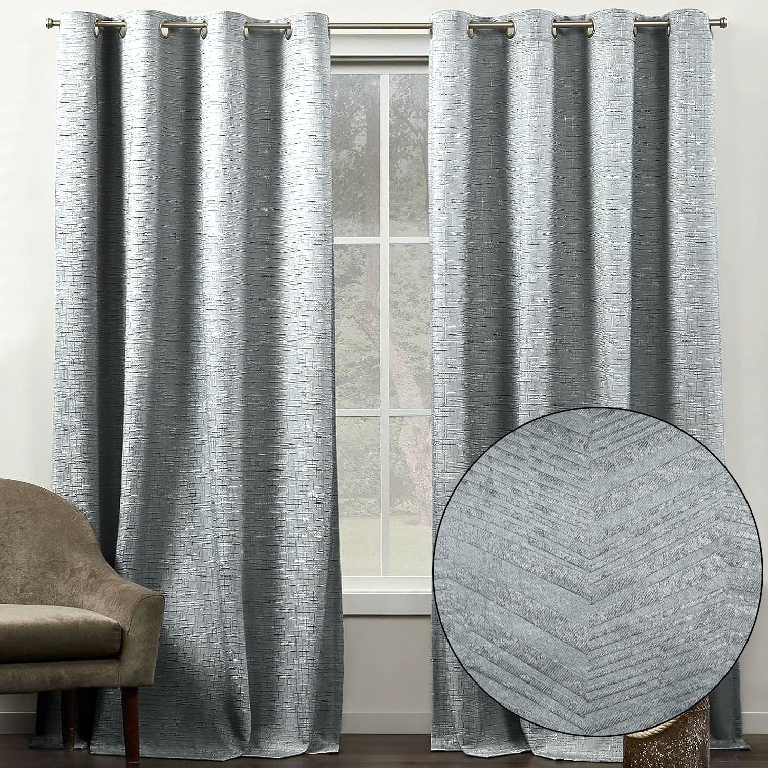 108" Long - 2 Piece Dark Grey Solid Silky Geometric Embossed Blackout Grommet Window Curtain Panel Set