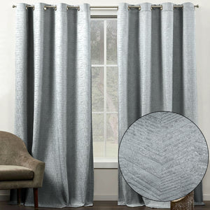 108" Long - 2 Piece Dark Grey Solid Silky Geometric Embossed Blackout Grommet Window Curtain Panel Set