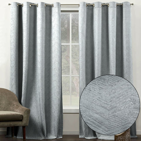 108" Long - 2 Piece Dark Grey Solid Silky Geometric Embossed Blackout Grommet Window Curtain Panel Set