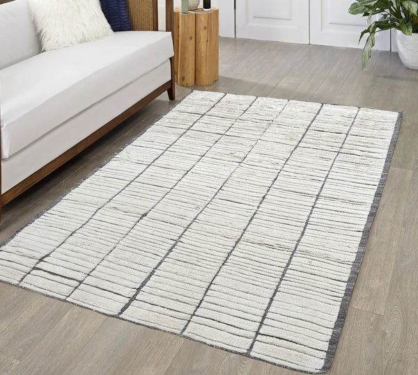 Soft Plush Beige Ivory Grey Moroccan Handmade Hand-Knotted New Zealand Wool Natural Area Rug