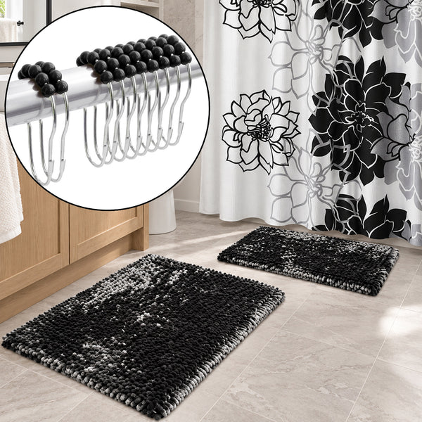 Dark Grey Plush Thick Chenille Bath Mat with Floral Shower Curtain & Hooks - 15 Piece Set