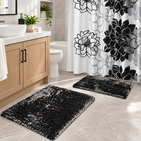 Dark Grey Plush Thick Chenille Bath Mat with Floral Shower Curtain & Hooks - 15 Piece Set